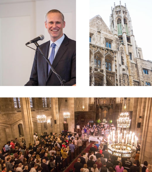 Collage of Pastor Jason Harris and the inside and outside of the church